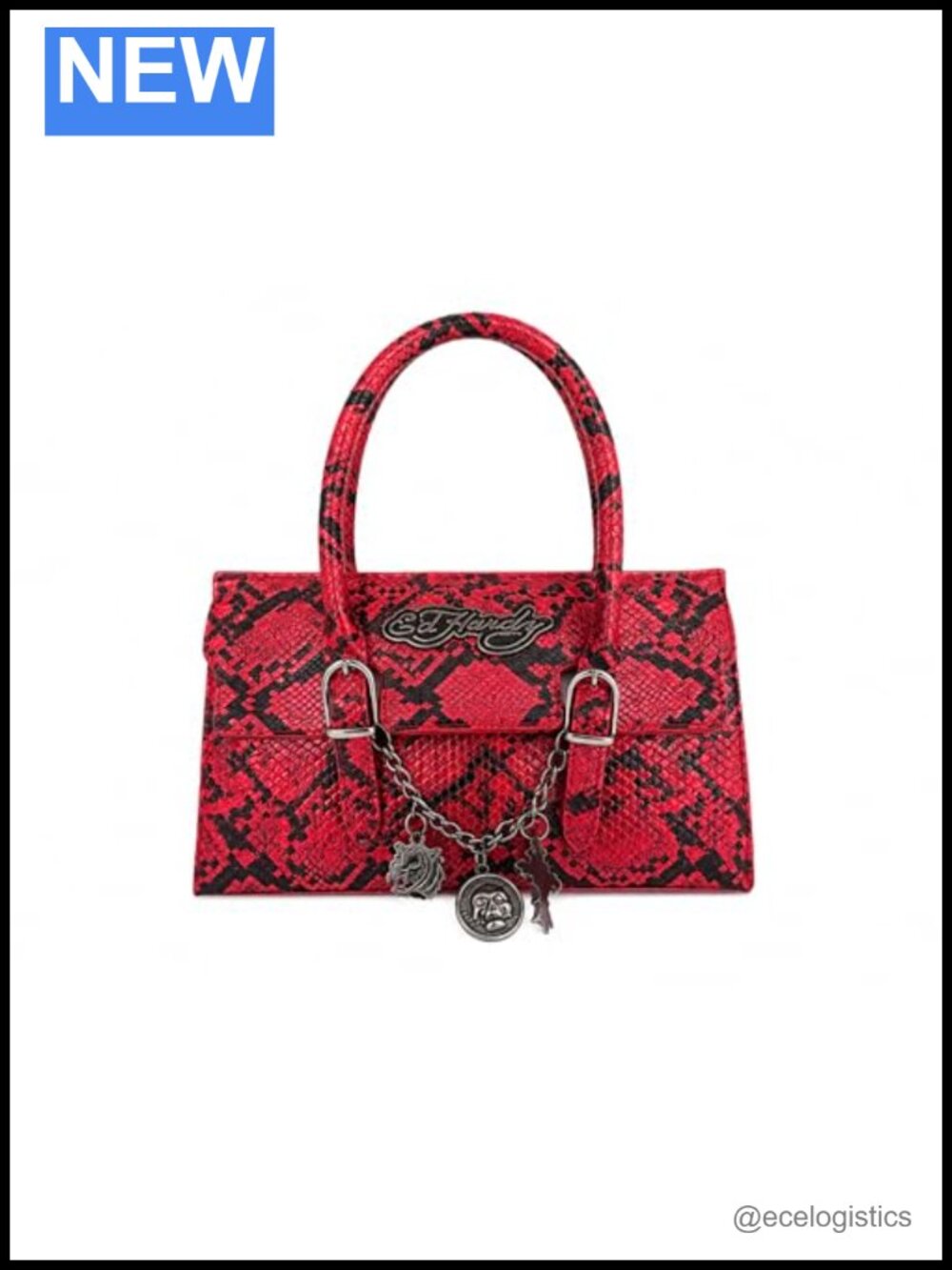 Ed Hardy Rebel Python Satchel Handbag Top Handle Purse with Charm Chain Faux